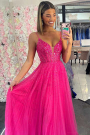 Tulle A-Line V-Neck Sleeveless Beaded Appliques Prom Dress