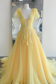 Tulle A-Line V-Neck Sleeveless Appliques Prom Dress