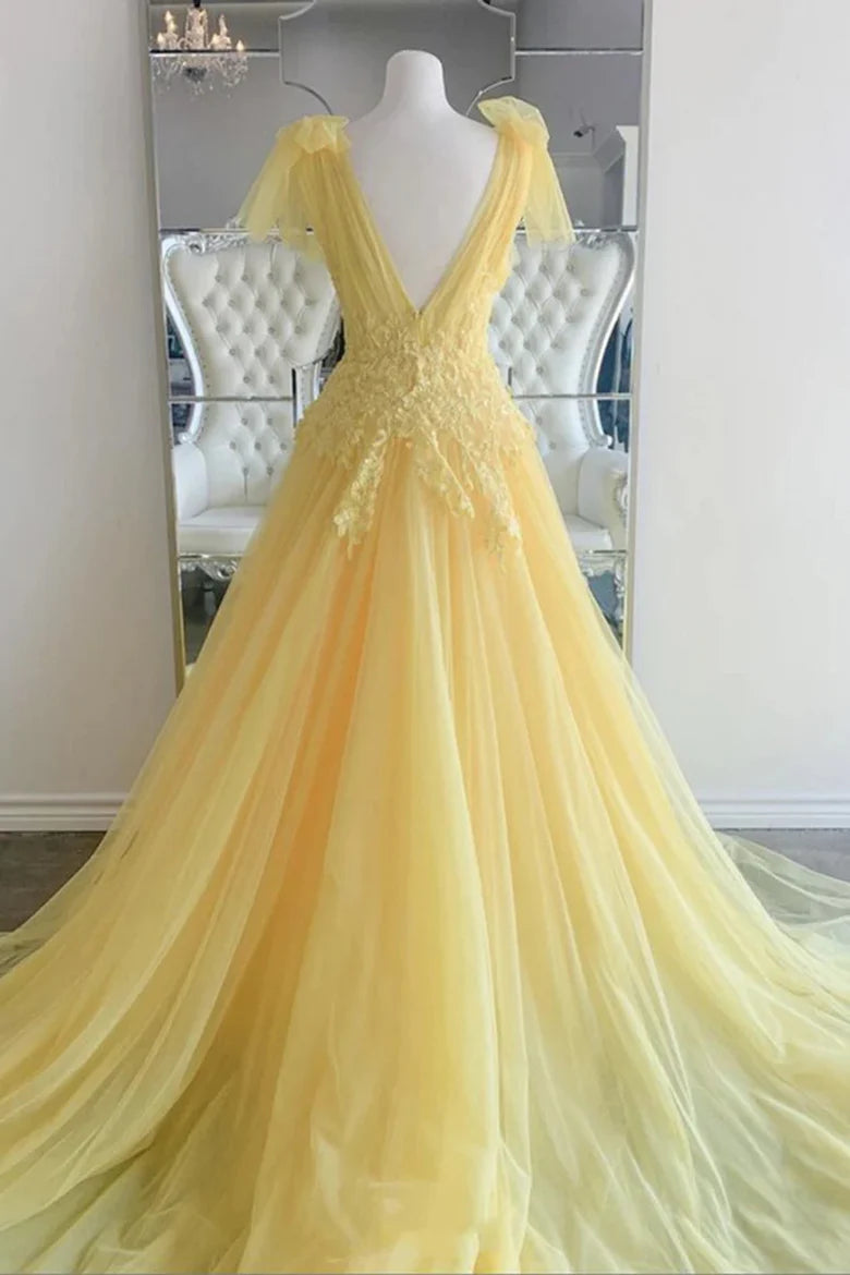 Tulle A-Line V-Neck Sleeveless Appliques Prom Dress