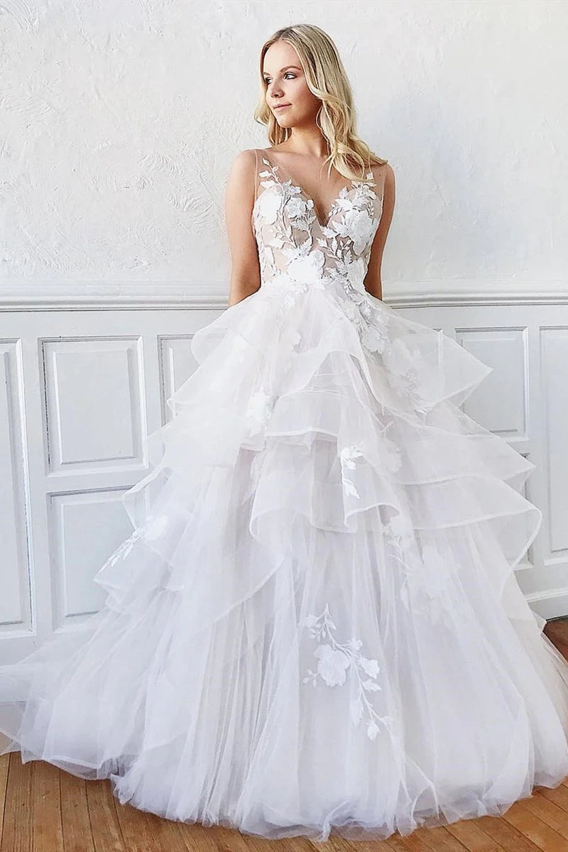 Romantic A-Line V Neck Tiered Appliques Tulle Long Wedding Dress TN187 US8 / White Romantic A-Line V Neck Tiered Appliques Tulle Long Wedding Dress TN187 US8 / White