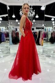 Tulle A-Line V-Neck Sleeveless Appliques With Side Slit Prom Dress