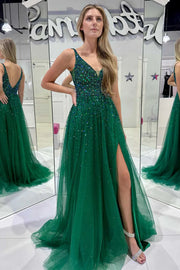 Tulle A-Line V-Neck Sleeveless Beaded With Side Slit Prom Dress