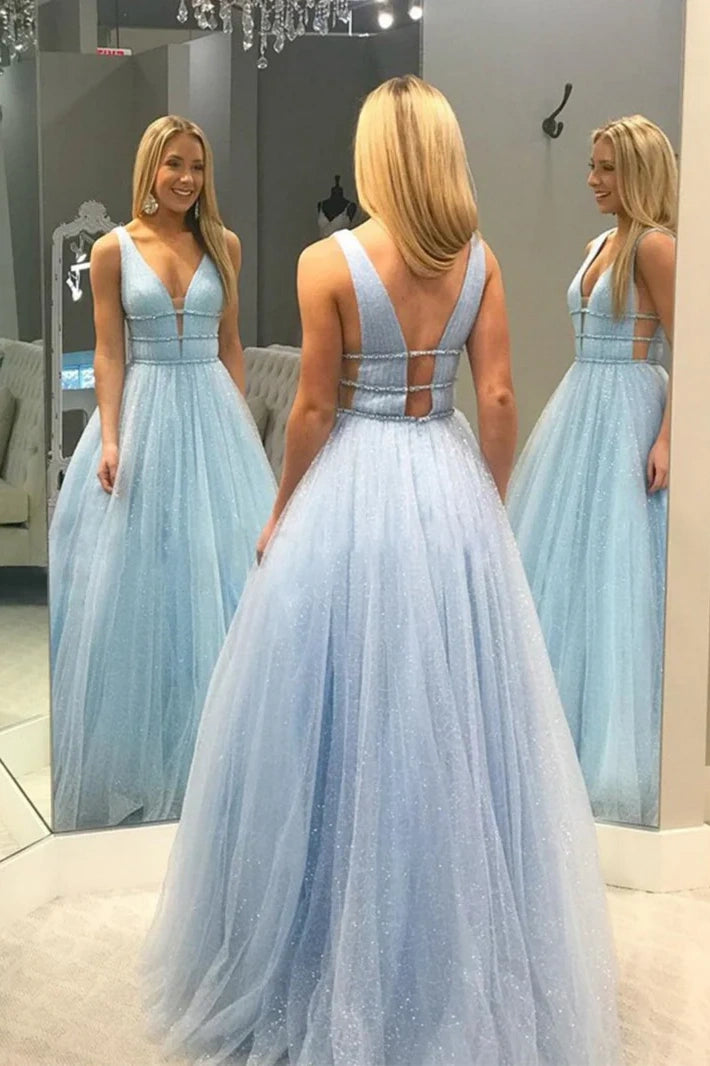 Tulle A-Line V-Neck Sleeveless Empire Beaded Prom Dress