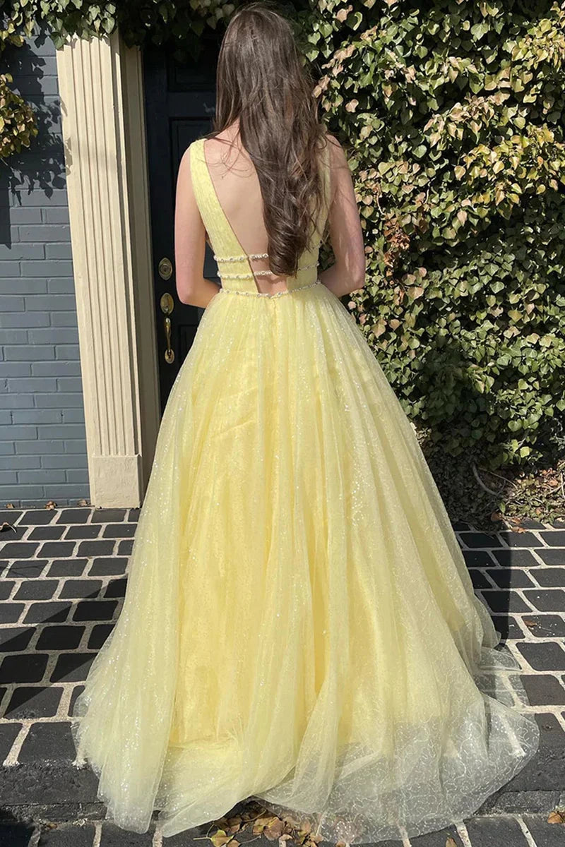 Tulle A-Line V-Neck Sleeveless Empire Beaded Prom Dress