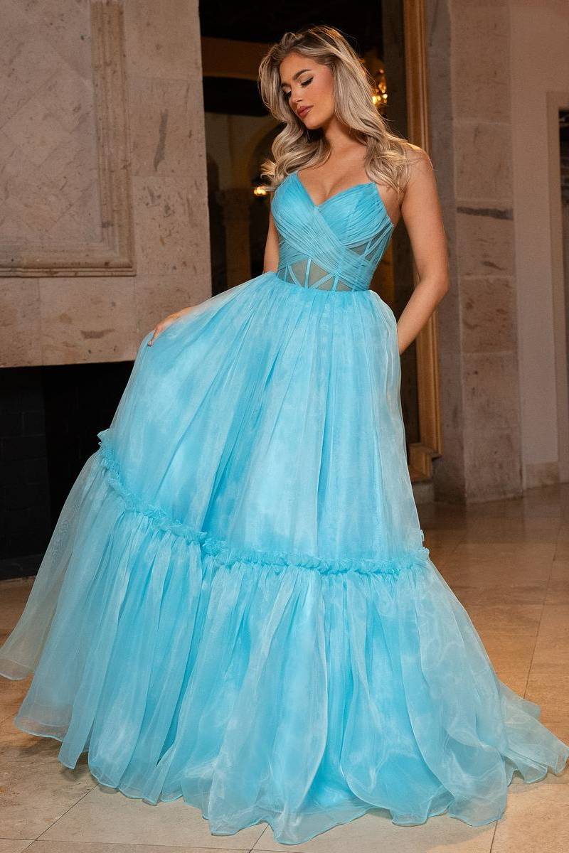 Tulle A-Line V-Neck Sleeveless Long Party Prom Dress