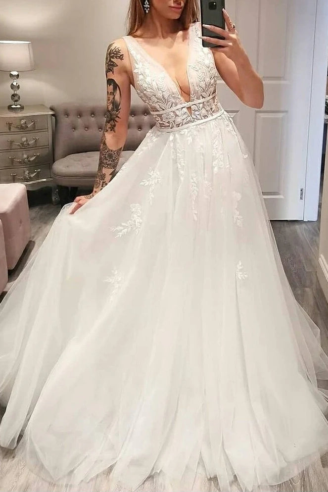 Tulle A-Line V-Neck Sleeveless Long Wedding Dress