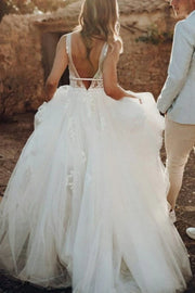 Tulle A-Line V-Neck Sleeveless Long Wedding Dress