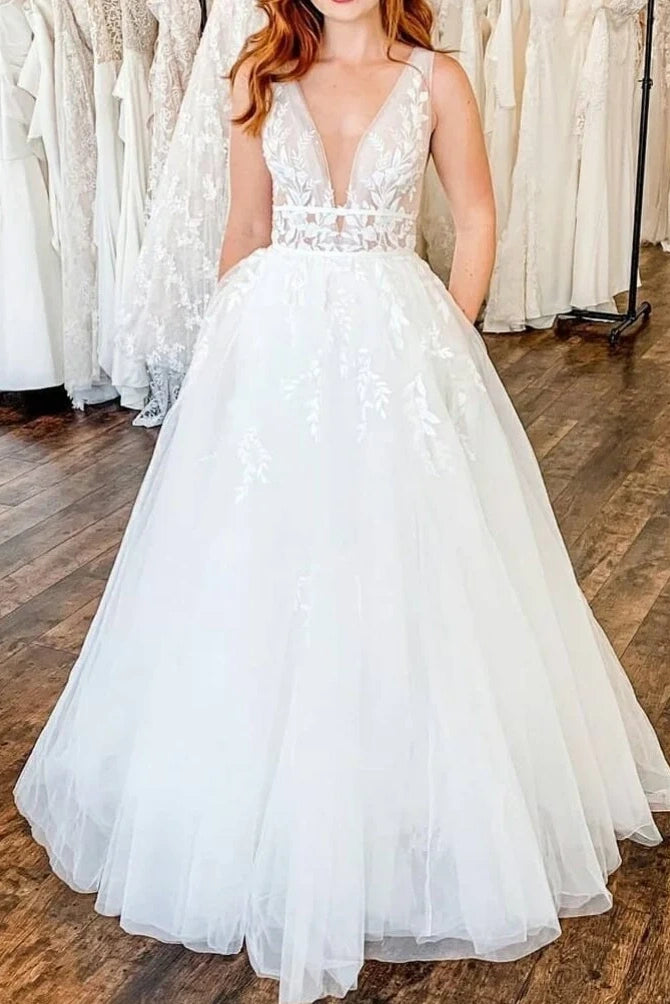 Tulle A-Line V-Neck Sleeveless Long Wedding Dress