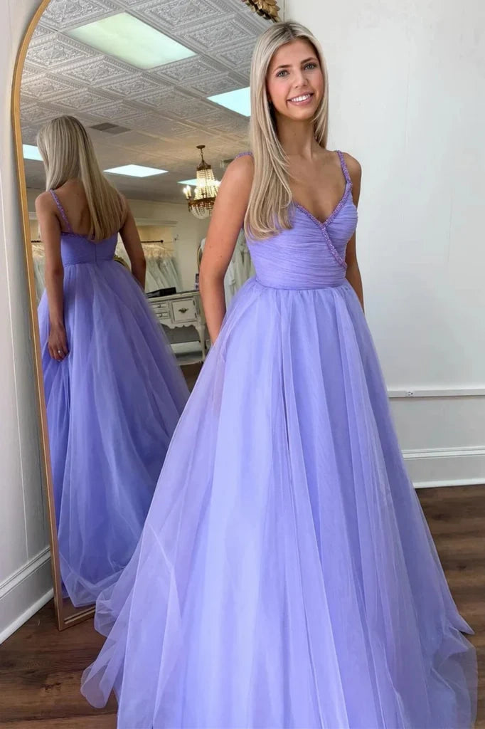 Tulle A-Line V-Neck Sleeveless Party Prom Dress