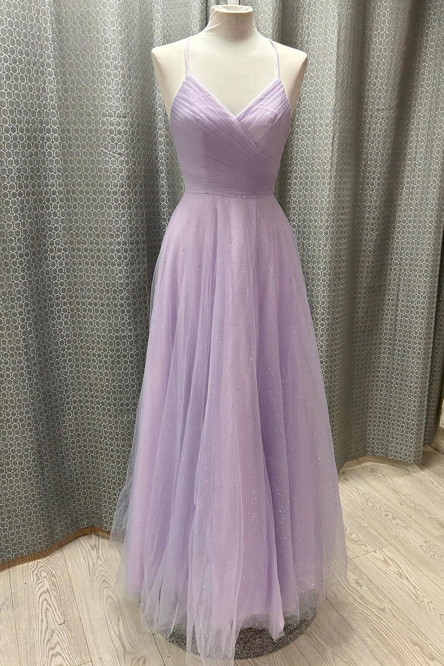 Tulle A-Line V-Neck Spaghetti Straps Lace Up Bridesmaid Dress