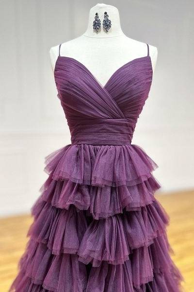 Tulle A-Line V-Neck Spaghetti Straps With Side Slit Long Prom Dress