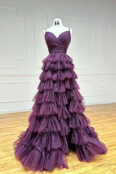 Tulle A-Line V-Neck Spaghetti Straps With Side Slit Long Prom Dress