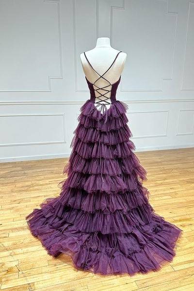 Tulle A-Line V-Neck Spaghetti Straps With Side Slit Long Prom Dress