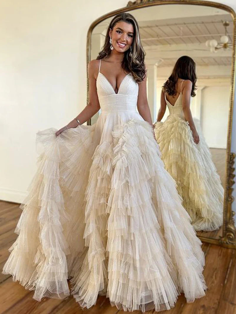 Tulle A-Line V-Neck Spaghetti Straps Tiered Prom Dress