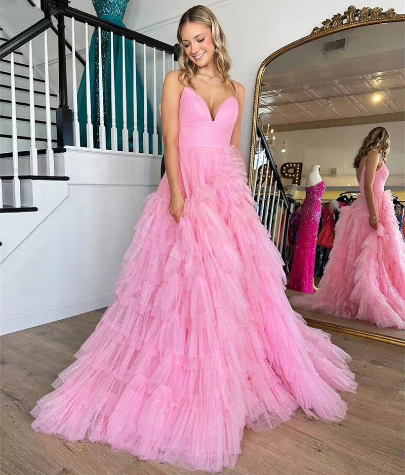 Tulle A-Line V-Neck Spaghetti Straps Tiered Prom Dress