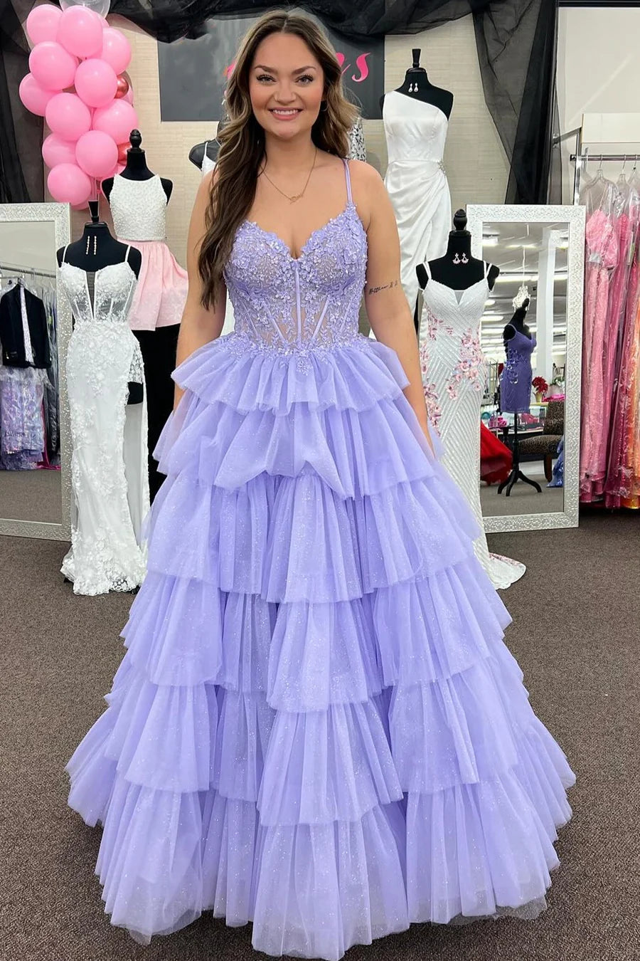 Tulle A-Line V-Neck Spaghetti Straps Tiered Prom Dress