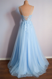 Tulle A-Line V-Neck Strapless Appliques Prom Dress