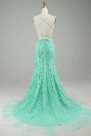 Turquoise Straps Appliques Tulle Mermaid Prom Dress backside