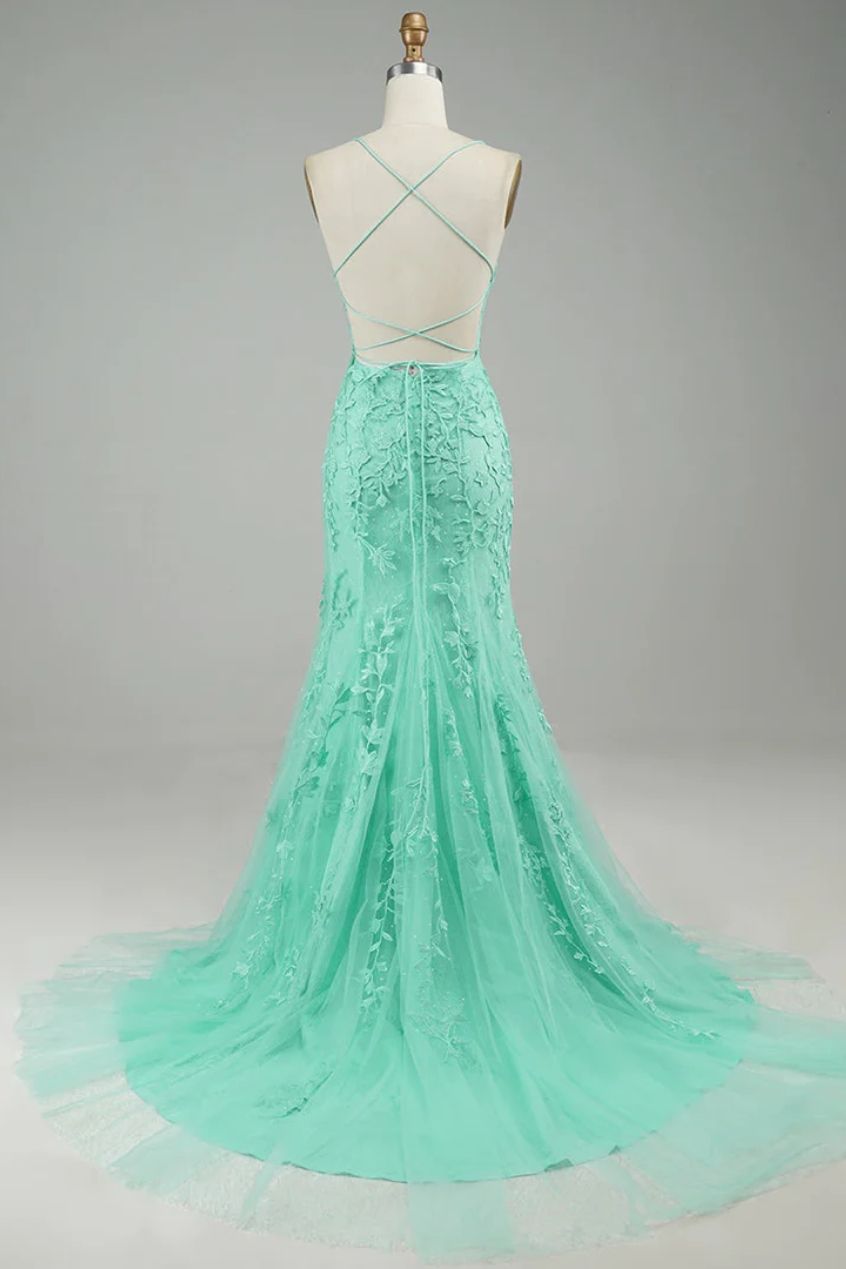 Turquoise Straps Appliques Tulle Mermaid Prom Dress backside