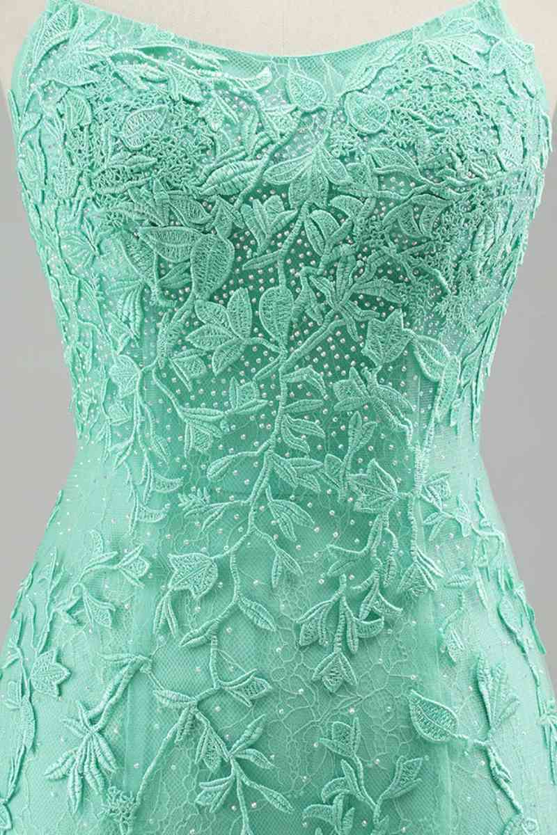 Turquoise Straps Appliques Tulle Mermaid Prom Dress chestside closeup