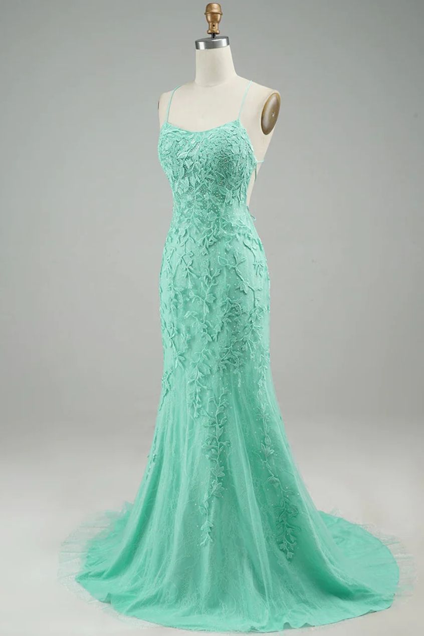 Turquoise Straps Appliques Tulle Mermaid Prom Dress left front image