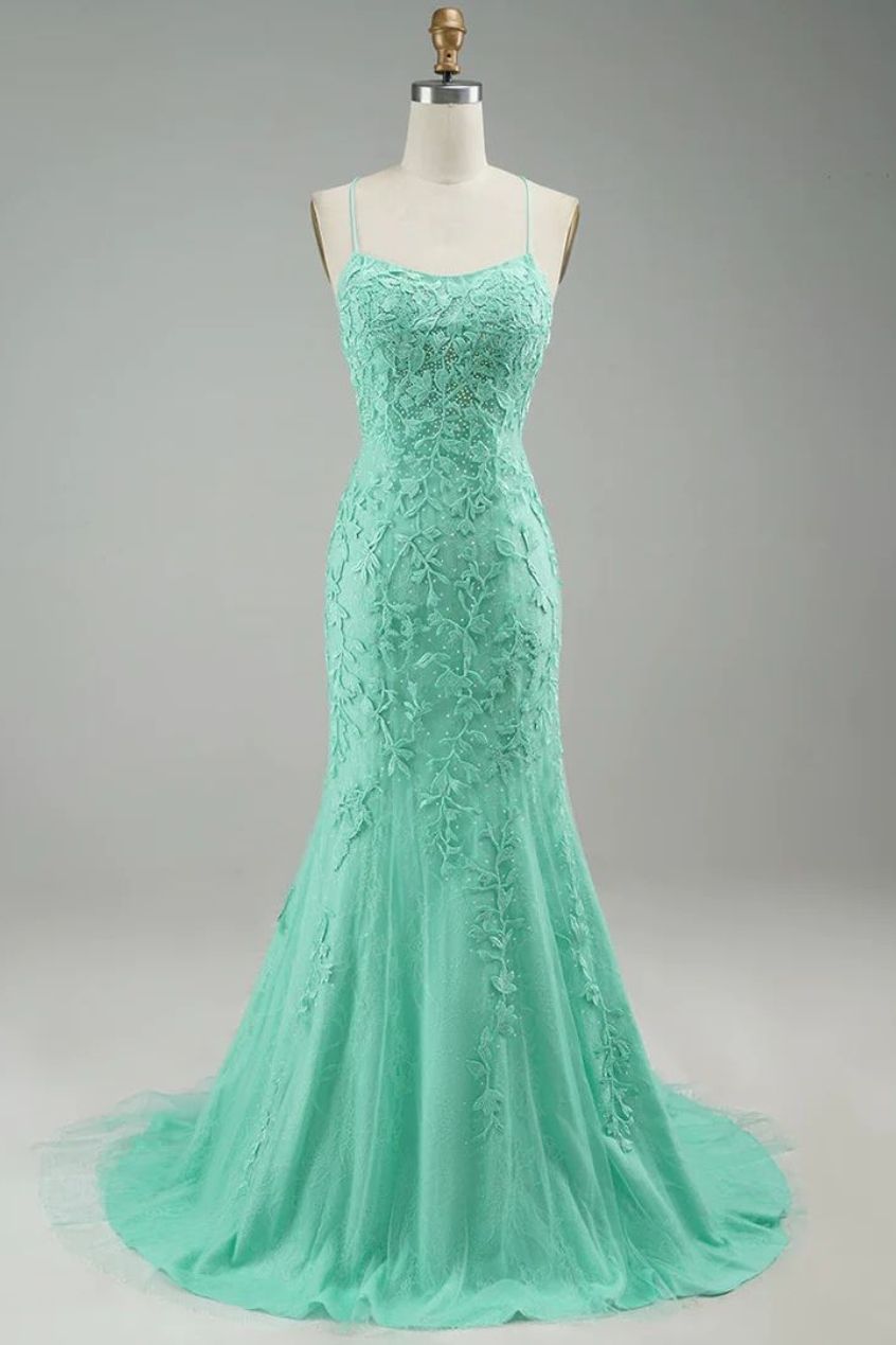 Turquoise Straps Appliques Tulle Mermaid Prom Dress straight front