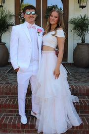 Two Piece Satin And A-Line Tiered Tulle Party Prom Dress 