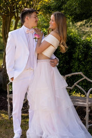 Two Piece Satin And A-Line Tiered Tulle Party Prom Dress 