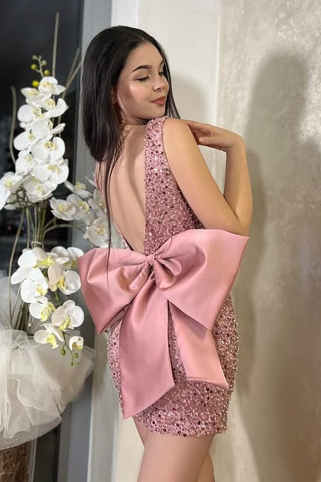 Two Piece V-Neck Backless Sparkly Party Prom Dress With Tulle Train