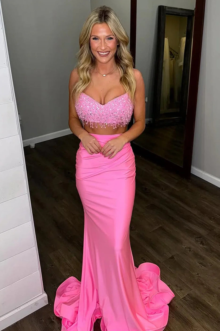Two Pieces V-Neck Mermaid Party Prom Dress With Train