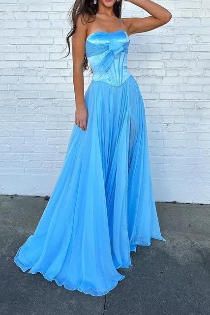Blue - A Line Strapless Pleated Chiffon Long Prom Dress with Bow, Blue / 16 Blue - A Line Strapless Pleated Chiffon Long Prom Dress with Bow, Blue / 16