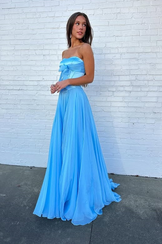 Blue - A Line Strapless Pleated Chiffon Long Prom Dress with Bow, Blue / 16 Blue - A Line Strapless Pleated Chiffon Long Prom Dress with Bow, Blue / 16