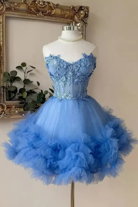 Unique Sweetheart Strapless Tulle Ruffle A-Line Lace Appliques Homecoming Dress