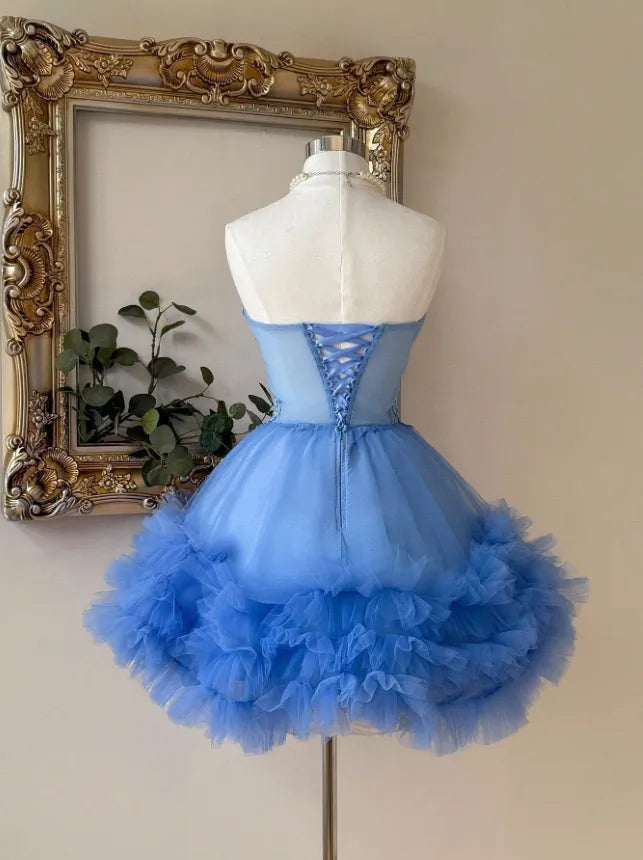 Unique Sweetheart Strapless Tulle Ruffle A-Line Lace Appliques Homecoming Dress