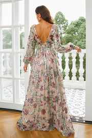 V-Neck Backless A-Line Long Sleeves Floral Appliques Prom Dress