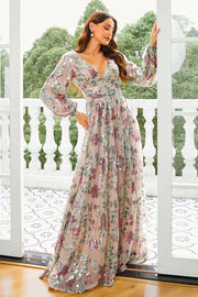 V-Neck Backless A-Line Long Sleeves Floral Appliques Prom Dress