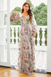 V-Neck Backless A-Line Long Sleeves Floral Appliques Prom Dress