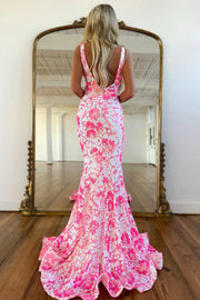 V-Neck Backless Mermaid Sequin Long Party Prom Dress With Train