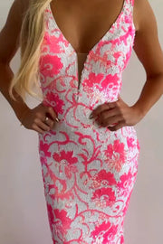 V-Neck Backless Mermaid Sequin Long Party Prom Dress With Train