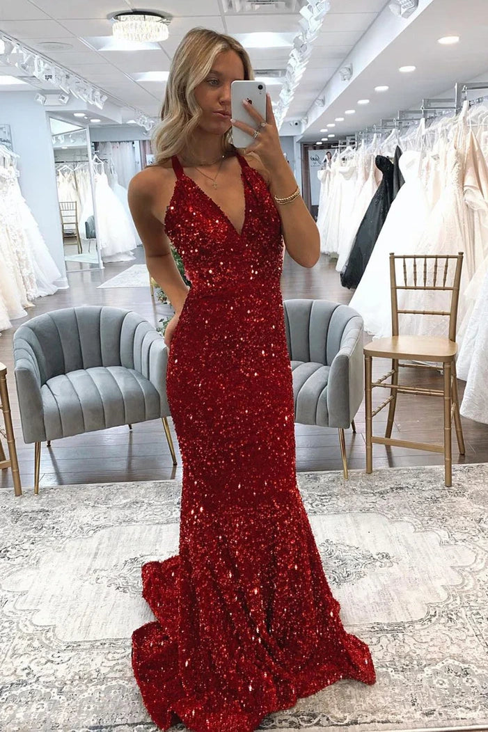 V-Neck Backless Mermaid Sequins Long Party Prom Dress