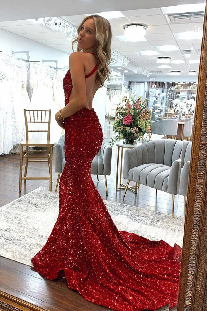 V-Neck Backless Mermaid Sequins Long Party Prom Dress