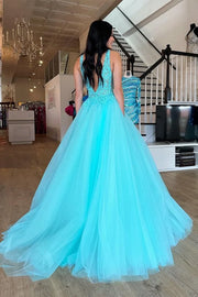 V-Neck Backless Tulle A-Line Appliques Prom Drses