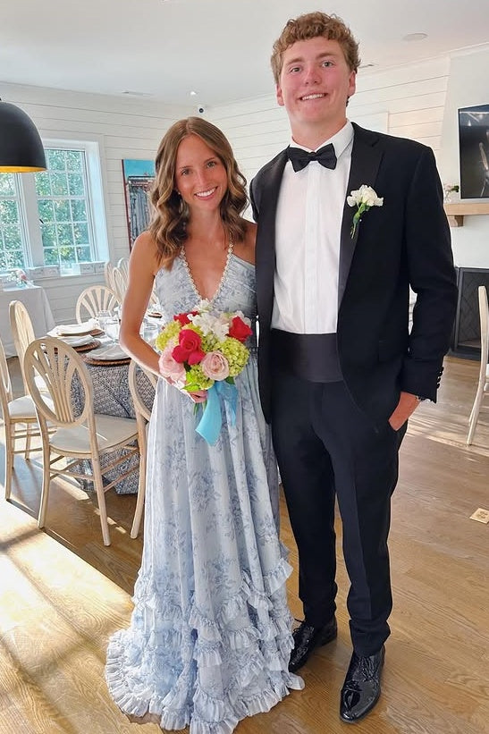 V-Neck Beaded Halter Floral A-Line Ruffle Tiered Party Prom Dress