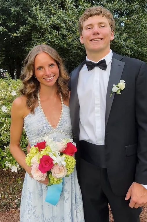 V-Neck Beaded Halter Floral A-Line Ruffle Tiered Party Prom Dress