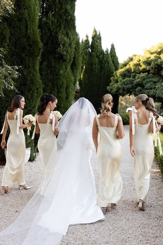 V-Neck Bows Straps Satin Fitted Long Bridesmaid Dress