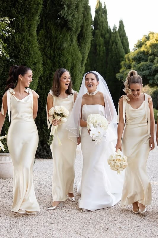 V-Neck Bows Straps Satin Fitted Long Bridesmaid Dress