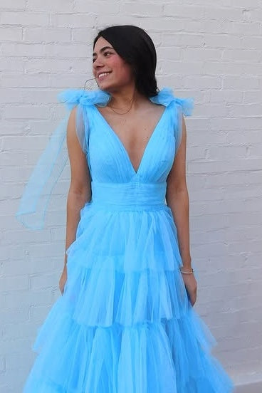 V-Neck Bows Straps Tulle A-Line Tiered Party Prom Dress