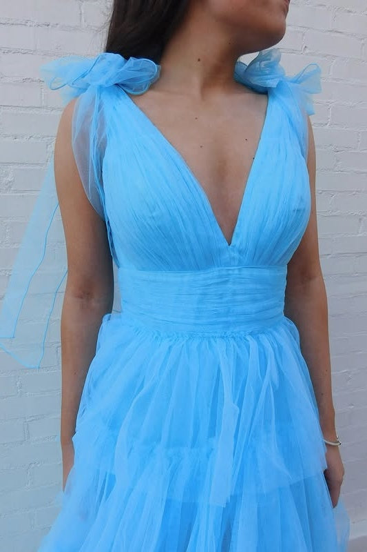 V-Neck Bows Straps Tulle A-Line Tiered Party Prom Dress