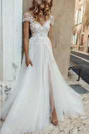 V-Neck Cap Sleeves Appliques Sheer Tulle A-Line Wedding Dress