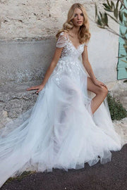 V-Neck Cap Sleeves Appliques Sheer Tulle A-Line Wedding Dress